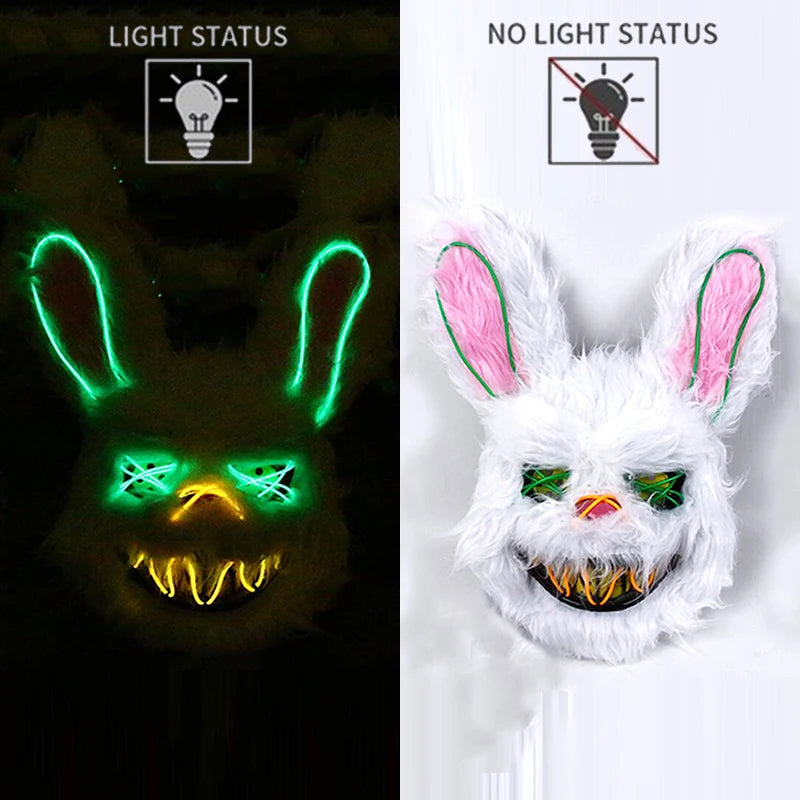 LED Glowing Cosplay Bloody Rabbit Mask Halloween Scary Killer Bloody Bunny Bear Headgear Carnival Masquerade Horror Costume Prop