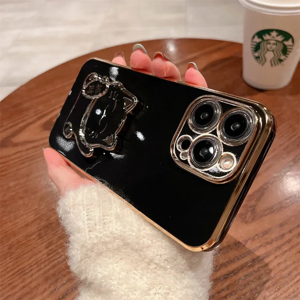 Lucky Cat Folding Stand Silicone Phone Case for iPhone 16 15 14 Pro Max 13 12  Plus XR  Max 11 Luxury Plating Case