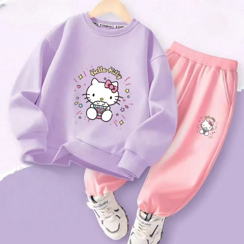 Autumn Baby Girl Clothes Set Children Sanrio Hello Kitty Cartoon Print Sweatshirt and Pants 2 Pieces Suit Kid Long Sleeved Suit