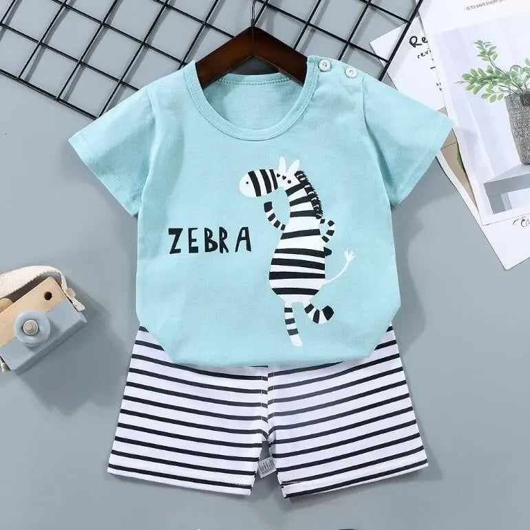 Cotton Cartoon Zebra Dinosaur Print Tracksuit Set 2-Piece Kids Summer Clothes Tee Shorts for Boys Girls 1-6 Years