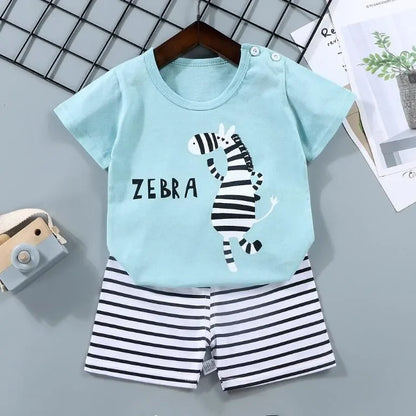 Cotton Cartoon Zebra Dinosaur Print Tracksuit Set 2-Piece Kids Summer Clothes Tee Shorts for Boys Girls 1-6 Years