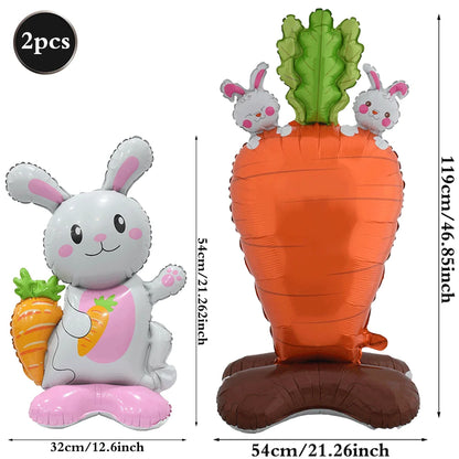 2Pcs Self Standing Easter Bunny Balloons Giant Bunny Carrot Chick Foil Balloon Easter Egg Decoration Home Holiday Party Supplies
