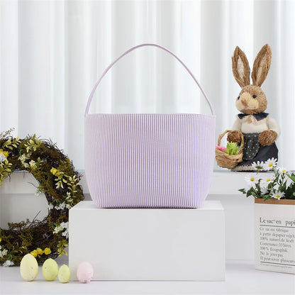 Seersucker Easter Basket Halloween Stripped Bucket Kids Boys Girls Egg Hunt Carrying Gift Tote Bag Toys Party Decoration