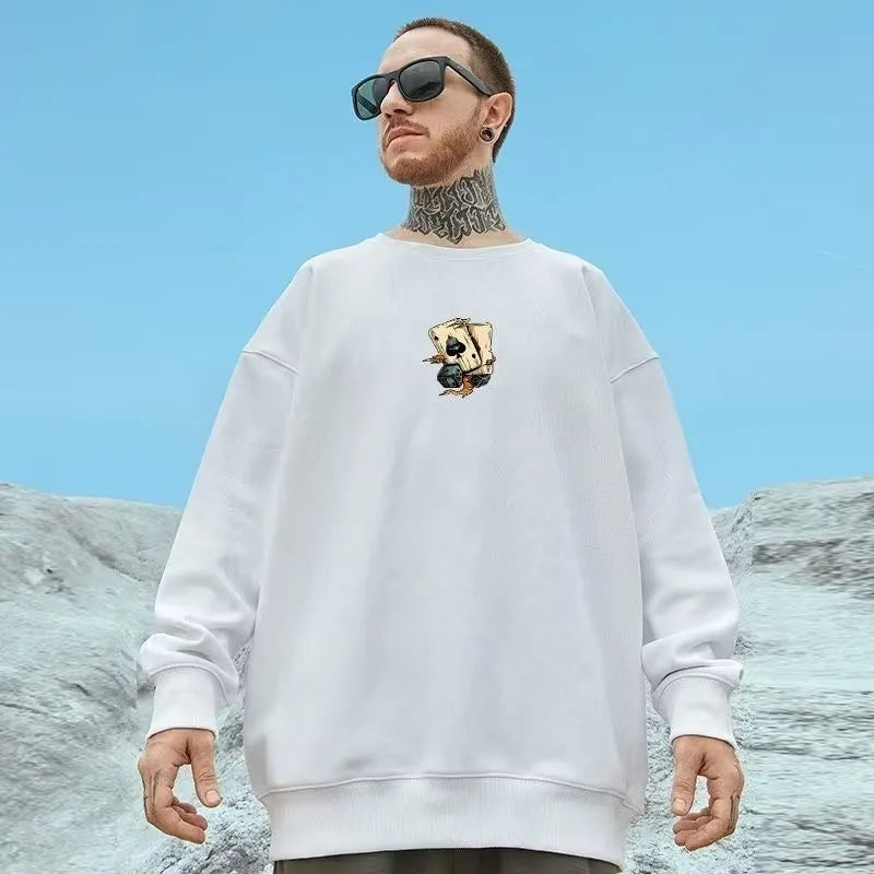 M-8XL Autumn Men Oversized Sweatshirts Fashion Loose American Trendy Play Cards Print Long Sleeve Plus Velvet Couple Clothes