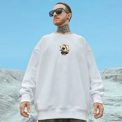 M-8XL Autumn Men Oversized Sweatshirts Fashion Loose American Trendy Play Cards Print Long Sleeve Plus Velvet Couple Clothes