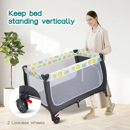 Foldable Baby Playpen Portable Crib with Adjustable Canopy Music Box and Changing Table for Newborn Infant Toddler Travel