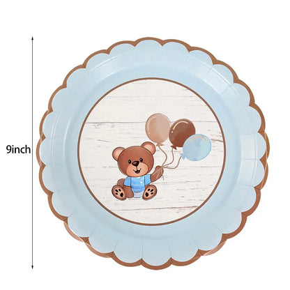 10Pcs Cute Bear Disposable Tableware Paper Plates Cups Gender Reveal Baby Shower Decoration Happy Birthday Party Supplies