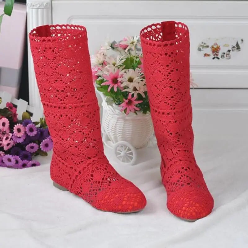 Hollow Boots Shoes Breathable Knit Line Mesh Korean High Summer Women Boots Knee High Womens Shoes