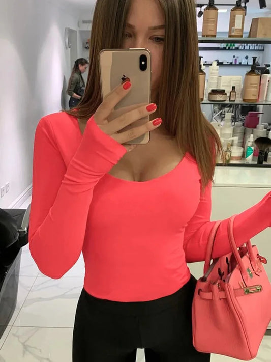 Women Long Sleeve Neon Bodycon Sexy Bodysuit