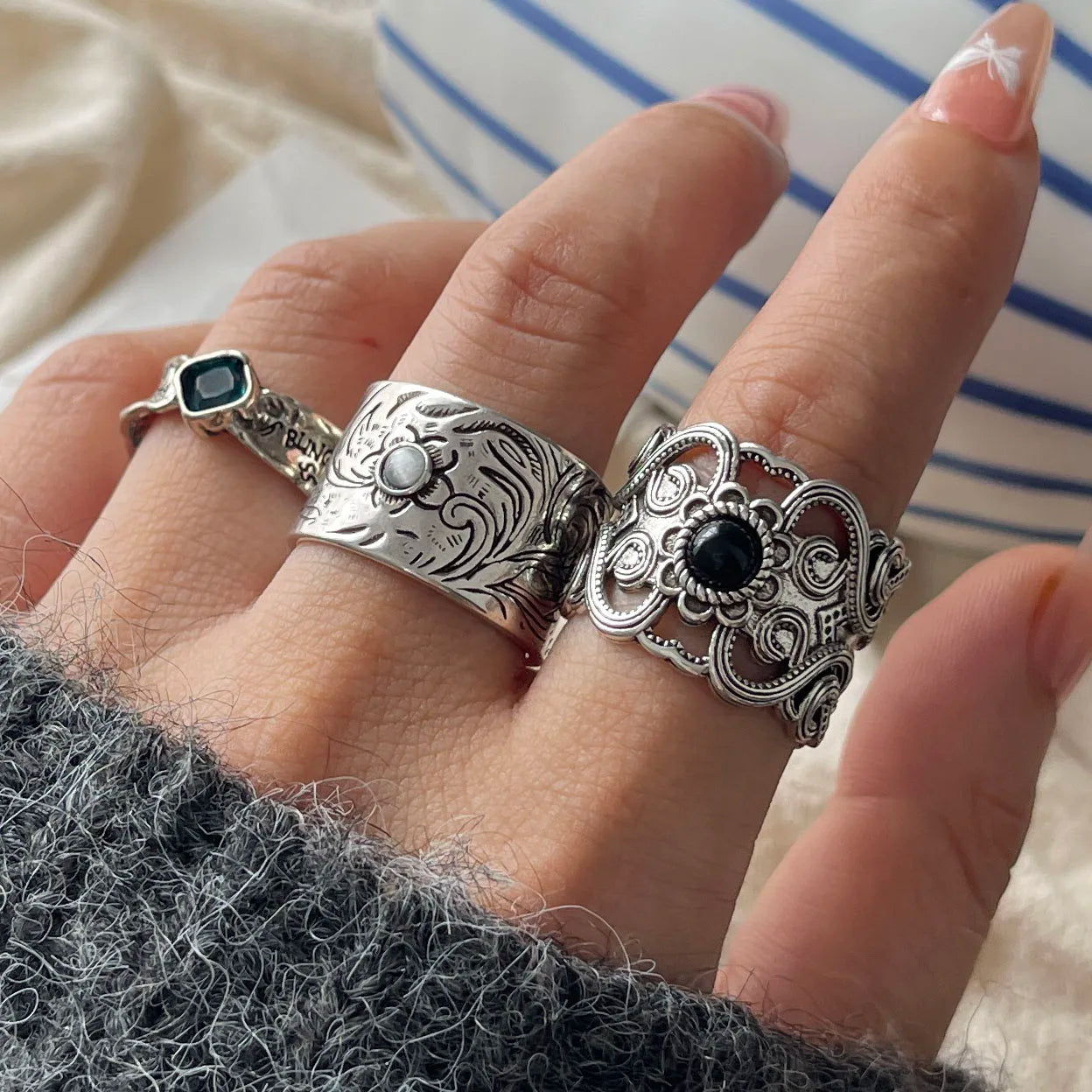 925 Sterling Silver Rings For Women Geometric Fine Jewelry Adjustable Simple Wide Black Stone Retro Ring For Party Birthday Gift