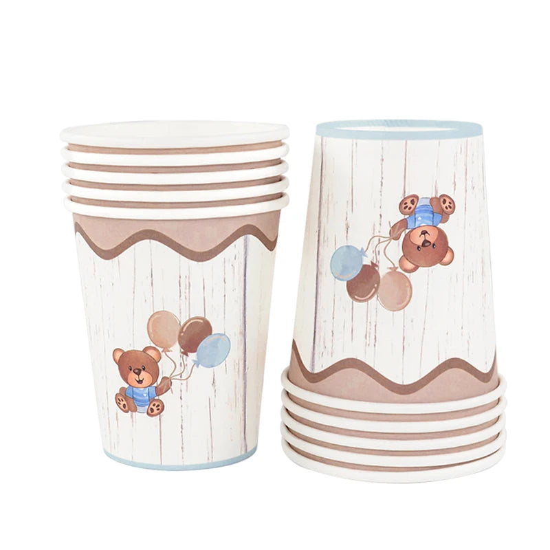 10Pcs Cute Bear Disposable Tableware Paper Plates Cups Gender Reveal Baby Shower Decoration Happy Birthday Party Supplies
