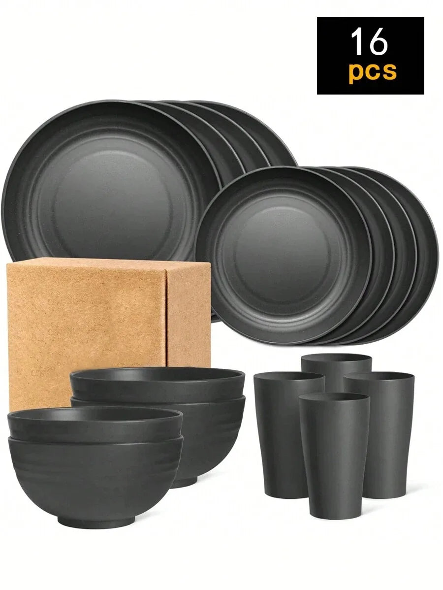 4/16/24pcs Reusable plastic tableware set, including plates, bowls and cups