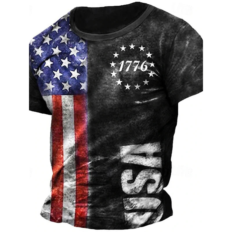 Men’s Retro Flag Skull T‑Shirt – 3D Print Short Sleeve Casual Summer Tee