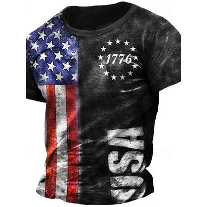 Men’s Retro Flag Skull T‑Shirt – 3D Print Short Sleeve Casual Summer Tee