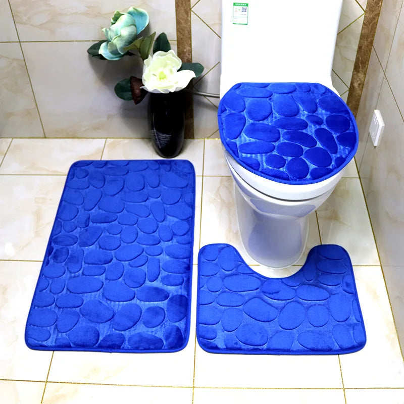 Set of 3 Bathroom Bath Mat Set  Soft Non Slip or 2PCS Cobblestone Absorbent Bathroom Mat Rug Carpets and Toilet Lid