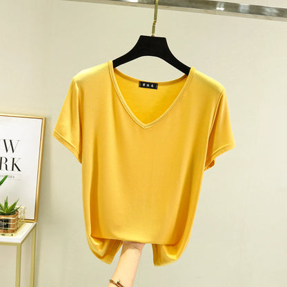 Summer women Modal V-Neck Tshirt Thin Bottoming T-shirts Plus size Loose tee tops Streetwear Basic Top
