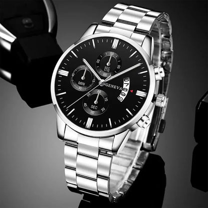 3PCS/Set Men's Casual Stainless Steel Luxury Calendar Quartz Watch,1 Pc Bracelet, 1 Pc Necklace