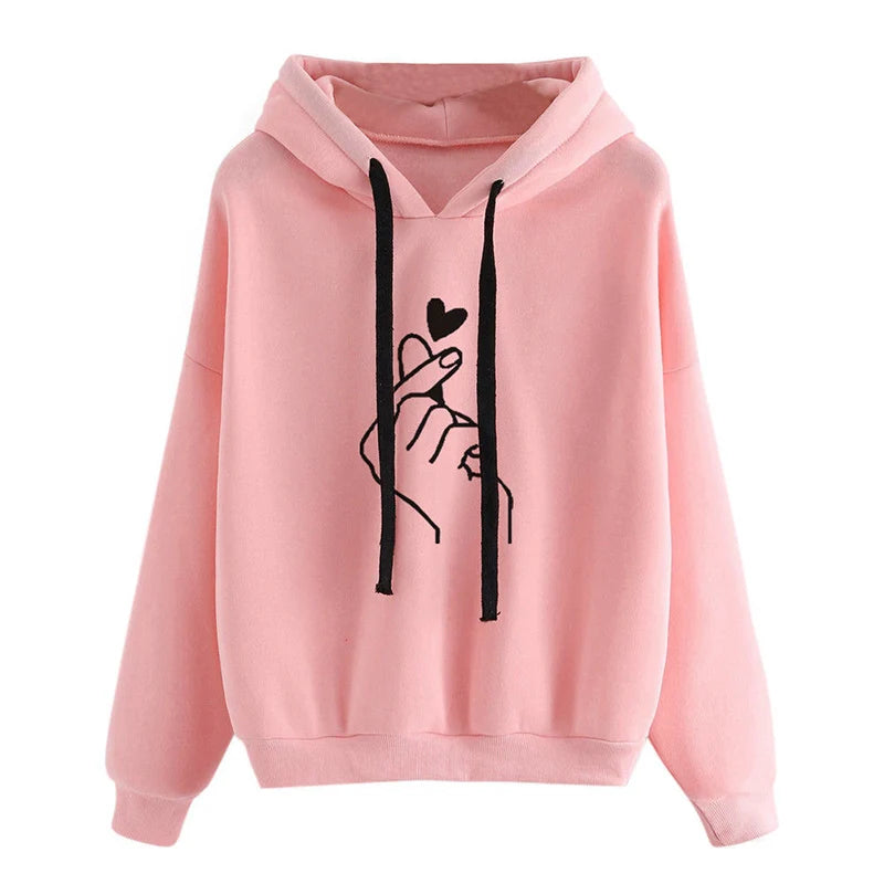 Korean‑Style Fleece Hoodie – Solid Color Finger‑Heart Design, Cozy Autumn Long‑Sleeve Sweatshirt with Pockets