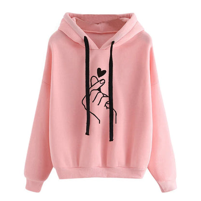 Korean‑Style Fleece Hoodie – Solid Color Finger‑Heart Design, Cozy Autumn Long‑Sleeve Sweatshirt with Pockets