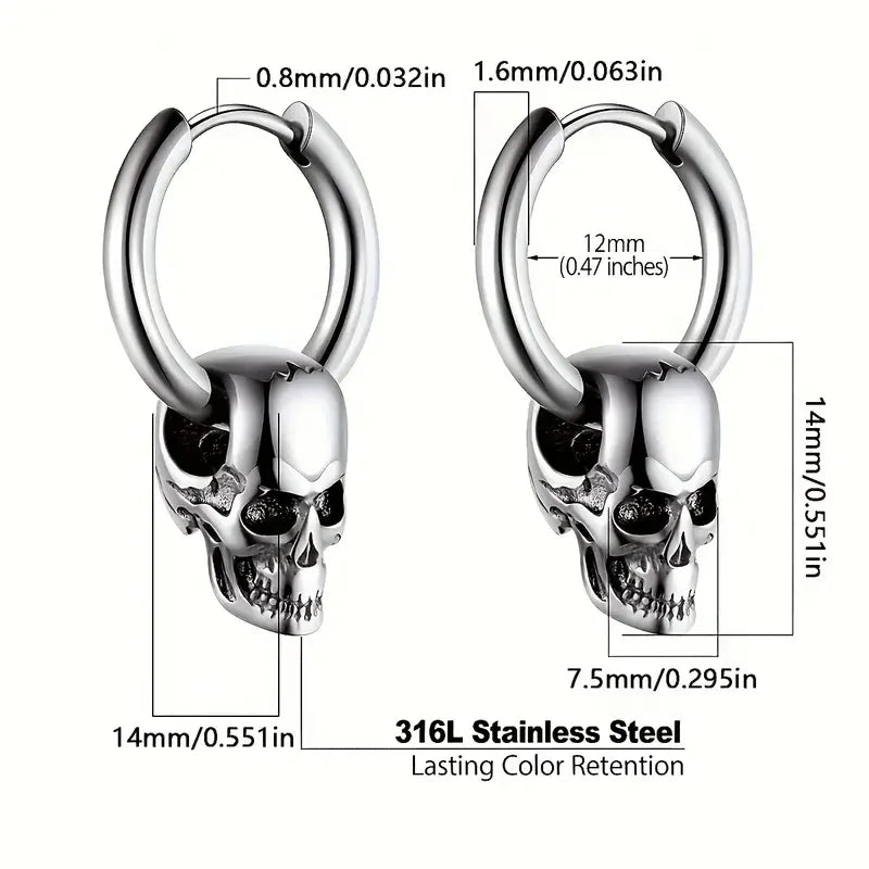 1 pair of silver men's earrings for Halloween decoration Skull Horror party bar European retro punk trend  Stainless steel woman