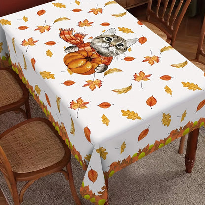 Autumn Pumpkin Maple Leaf Charming Cat Tablecloths Thanksgiving Fall Waterproof Tablecover Wedding Home Party Dining Table Decor
