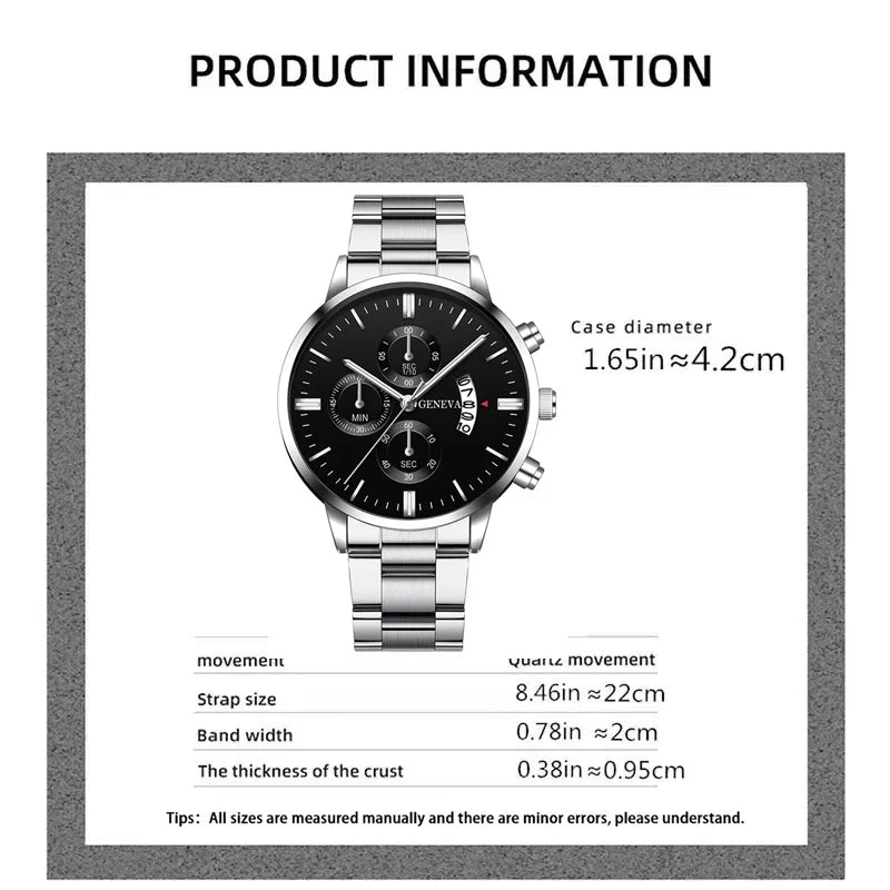 3PCS/Set Men's Casual Stainless Steel Luxury Calendar Quartz Watch,1 Pc Bracelet, 1 Pc Necklace