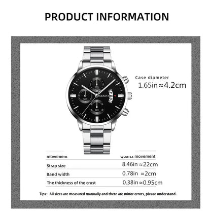3PCS/Set Men's Casual Stainless Steel Luxury Calendar Quartz Watch,1 Pc Bracelet, 1 Pc Necklace