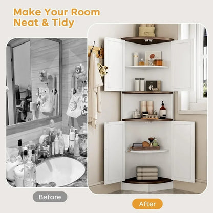 64.8" Farmhouse Corner Cabinet with Barn Doors, 5 Shelves for Kitchen Living Room Storage White