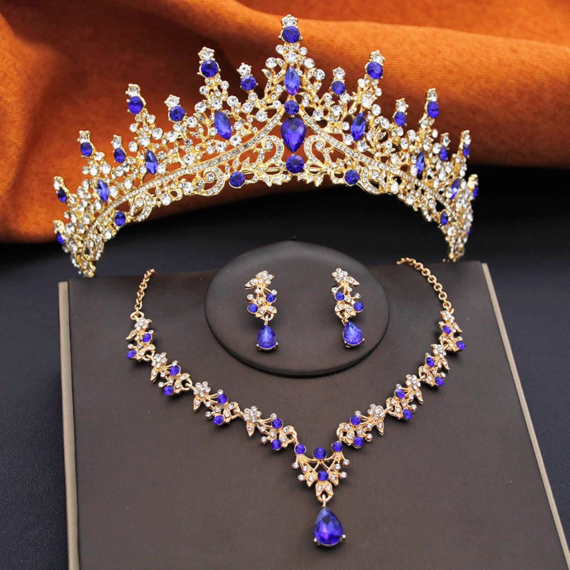 Elegant Party Birthday Bridal Wedding Crown Tiaras and Necklace Earrings 3 pcs Sets