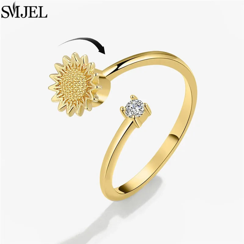 Korean Fashion Daisy Spinner Fidget Ring Multiple Style Sunflower Rose Snowflake Rotate Freely Anti Stress Anxiety Rings Wedding