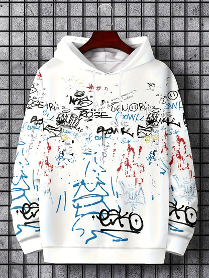 Men's personalized letter graffiti print soft and comfortable hooded sweatshirt