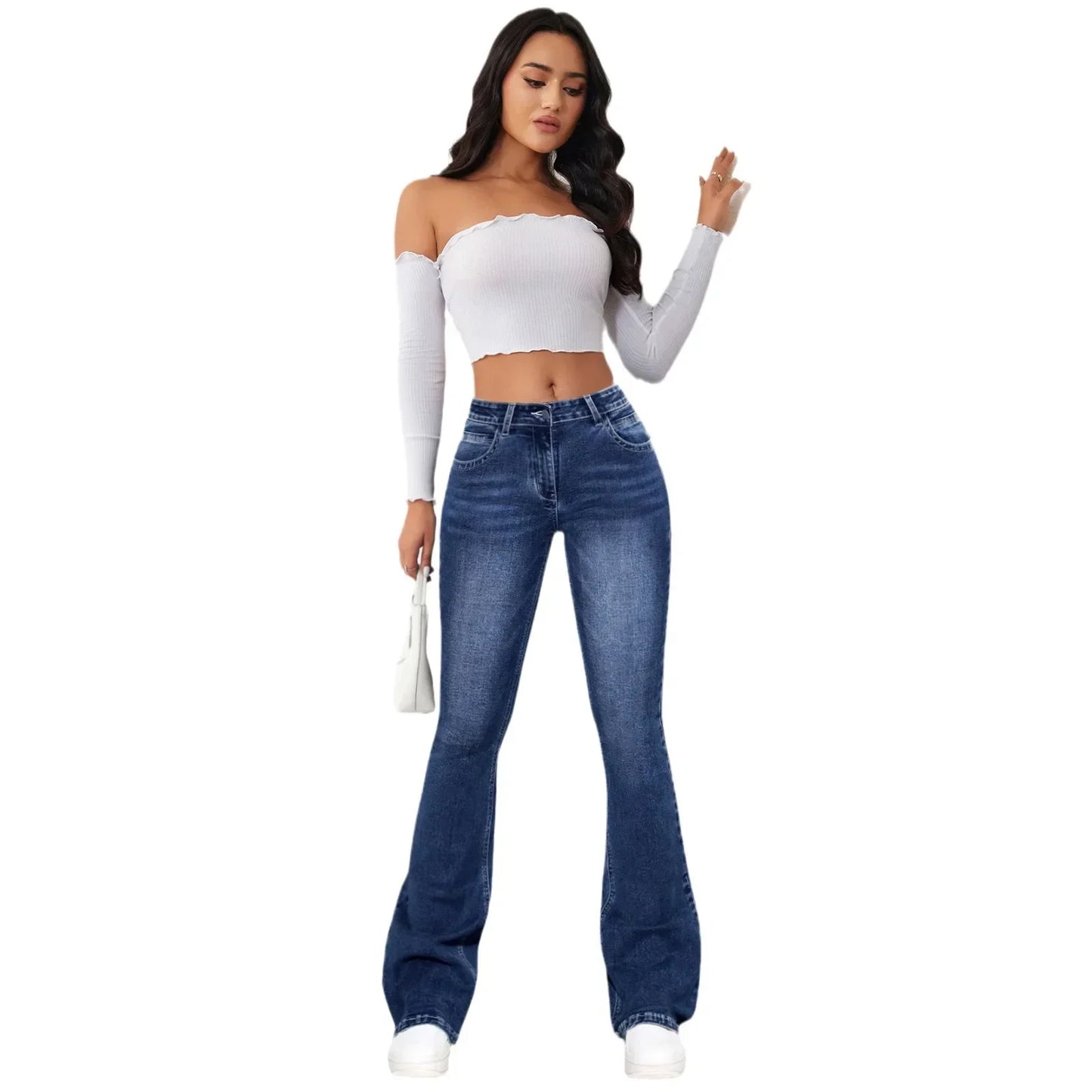 Women’s Slim‑Fit Flare Jeans – High‑Waist Denim with Pockets, Ankle‑Length Bootcut Streetwear