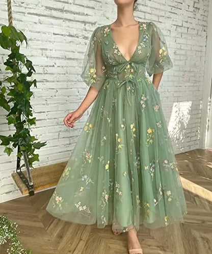 Women's Puffy Sleeve Prom Dresses V Neck Flower Embroidery Evening Dress Green Fairy Tea Length Formal Gowns