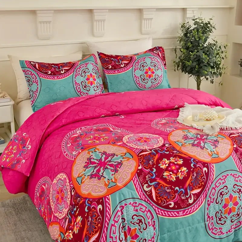 Boho Chic 3-Piece Comforter Set: Soft Luxury Bedding for All Seasons, Breathable Fluffy Floral Fantasy Bed Sets