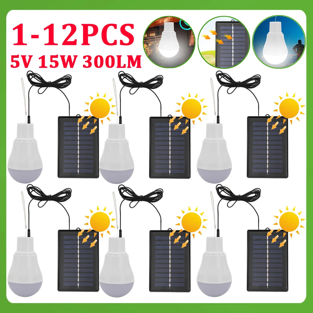 1-12pcs 5V 15W 300LM Solar Lighting Bulb Portable Solar Power Panel Battery Charger Energy Saving Outdoor Lamp USB Rechargable