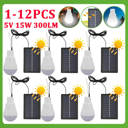 1-12pcs 5V 15W 300LM Solar Lighting Bulb Portable Solar Power Panel Battery Charger Energy Saving Outdoor Lamp USB Rechargable