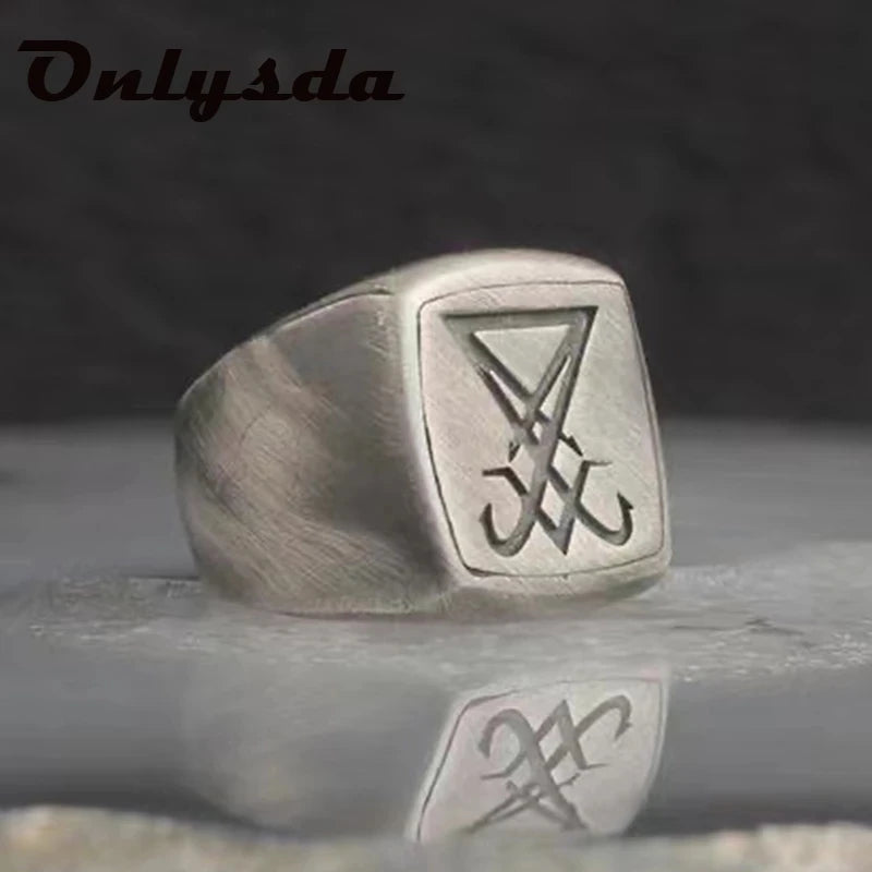 Vintage Lucifer Seal Signet Ring – Gothic Punk 316L Stainless Steel Black Stone