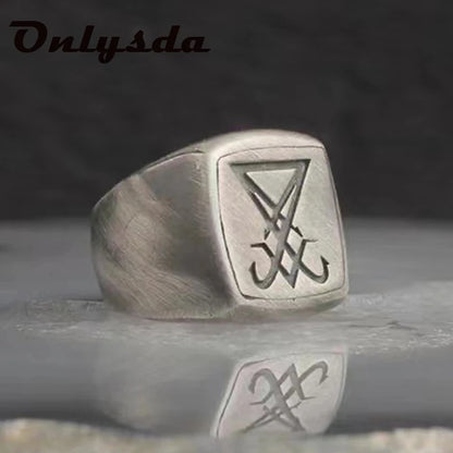 Vintage Lucifer Seal Signet Ring – Gothic Punk 316L Stainless Steel Black Stone
