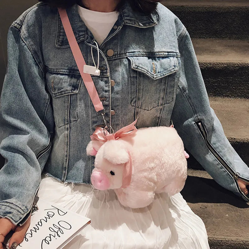 Pink Piglet Plush Shoulder Bag – Cute Large‑Capacity Cartoon Crossbody