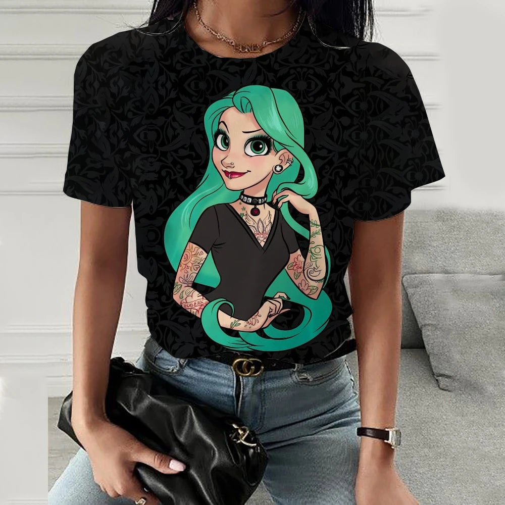 Disney Princess Cartoon Printed Women T-shirt  Short Sleeve Casual Round Neck