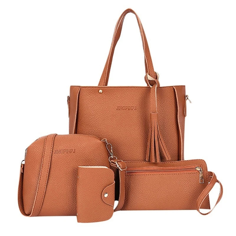 4pcs/set Ladies Leather Bag Set Polyester Shoulder Bag Handbag Messenger Bag Set 9 Colors