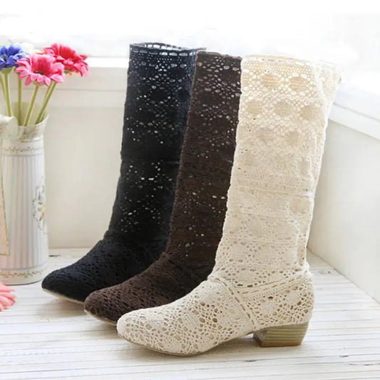 Hollow Boots Shoes Breathable Knit Line Mesh Korean High Summer Women Boots Knee High Womens Shoes