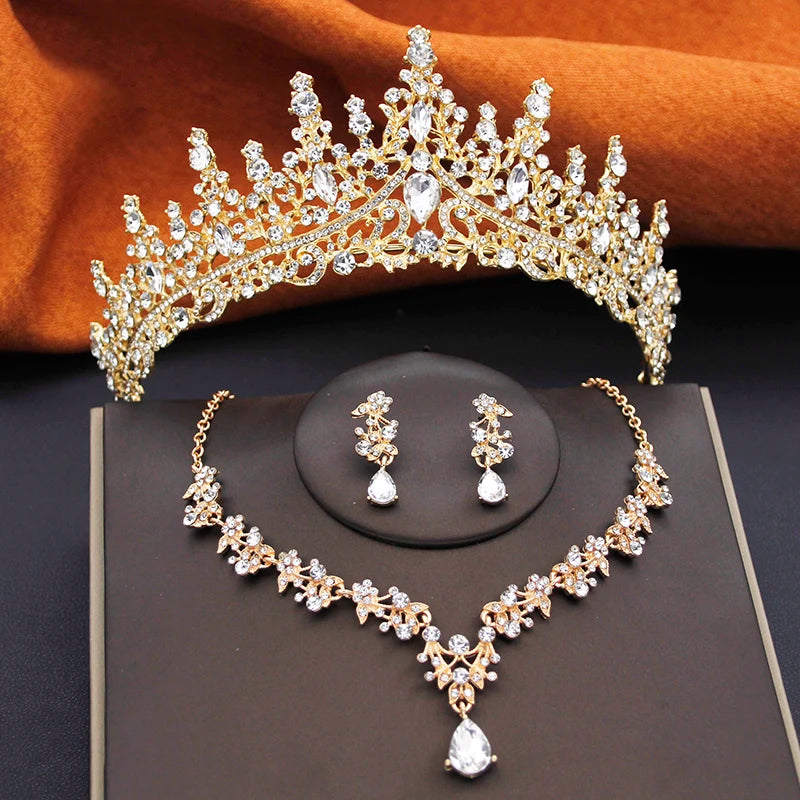 Elegant Party Birthday Bridal Wedding Crown Tiaras and Necklace Earrings 3 pcs Sets