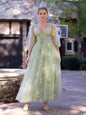Women's Puffy Sleeve Prom Dresses V Neck Flower Embroidery Evening Dress Green Fairy Tea Length Formal Gowns