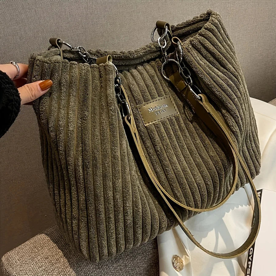 Stylish Corduroy Tote Bag for Women, Large Capacity Plush Shoulder Bag, Versatile Commuter & Travel Bag.