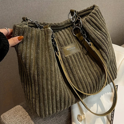 Stylish Corduroy Tote Bag for Women, Large Capacity Plush Shoulder Bag, Versatile Commuter & Travel Bag.