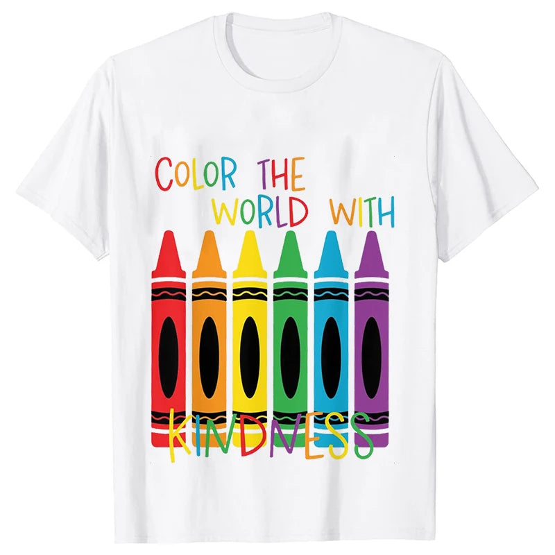 Color The World with Kindness T Shirt for Women Clothing Back To School Tops Teachers' Day Gift Harajuku Short Sleeve Tees