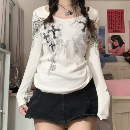 Graphic Long‑Sleeve Tee – Women’s Grunge Fairy Punk Harajuku 2000s Streetwear Top