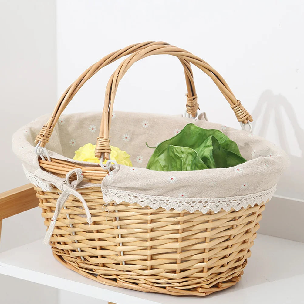 Woven Rattan White Woven Basket: Flower Basket Gift Basket with Handle and Cloth Liner Fruits Vegetables Bread Sundries Storage