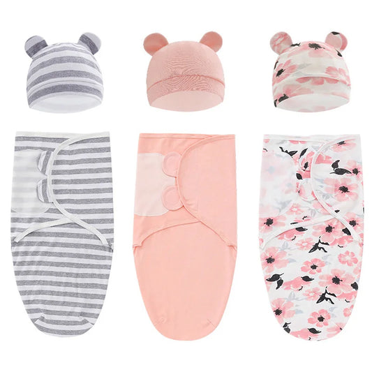 Newborn Sleeping Bag and Hat Set Cotton Baby Swaddle Blanket Wrap Adjustable 0-6M